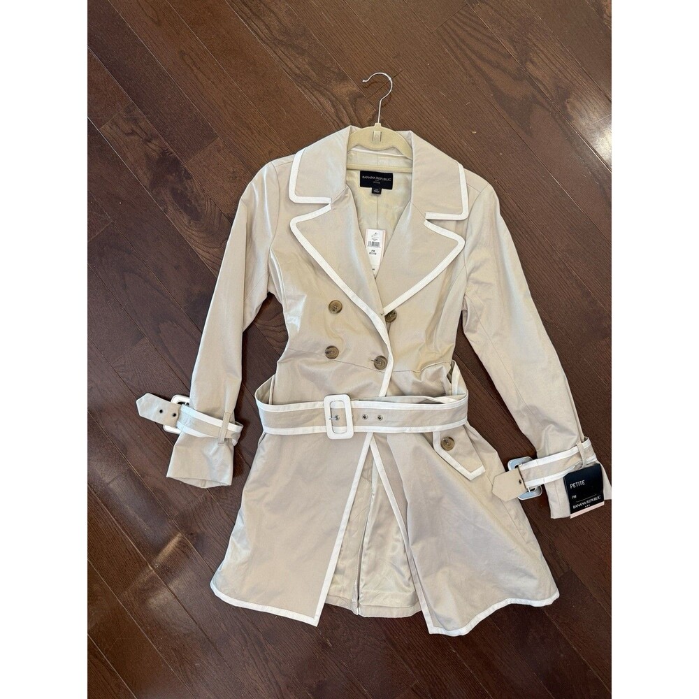Banana Republic Petite PM Trench Coat Beige Ivory Belted Double Breasted NWT